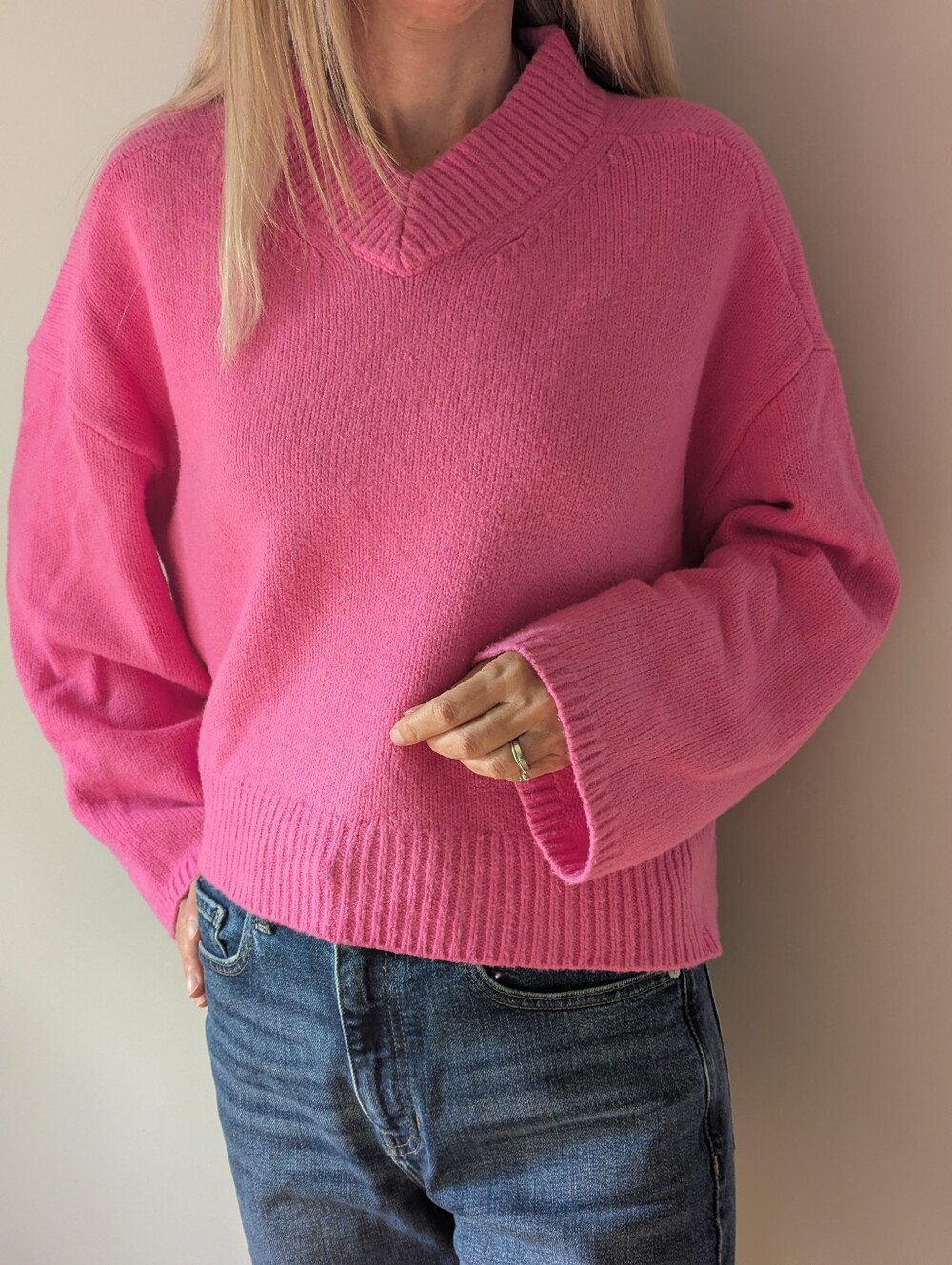 GAP Women's V-Neck Boxy Sweater - Bright Pink - Picture 3 of 6